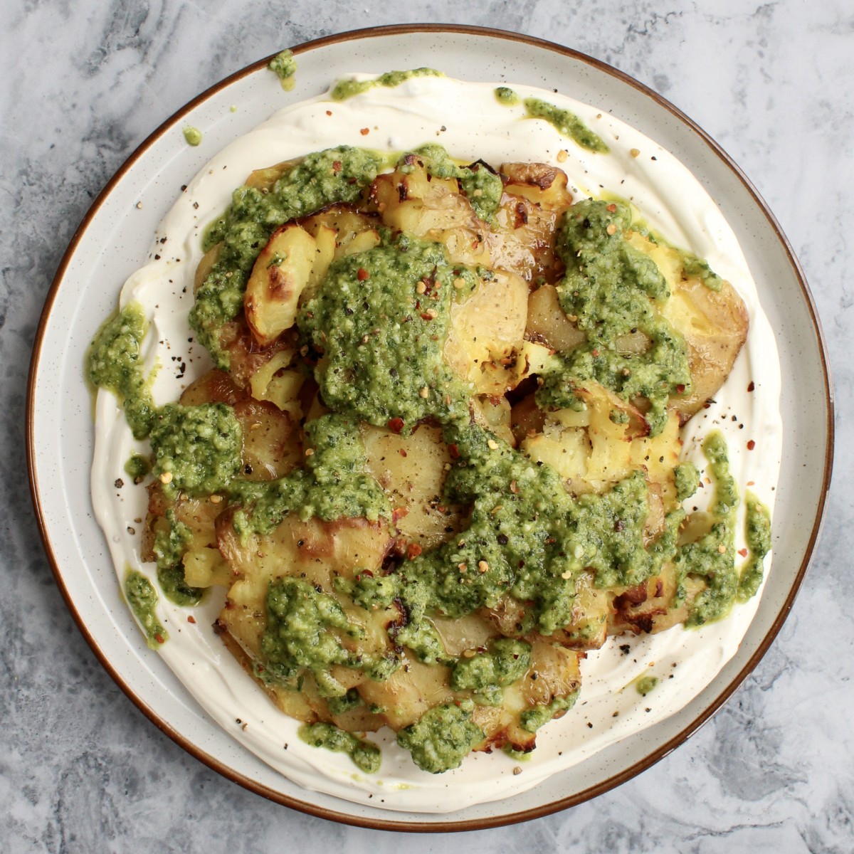 Crispy Smashed Potatoes with Pesto and Whipped Ricotta